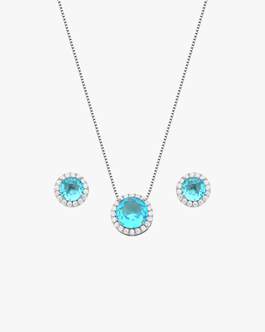 Conjunto Redondo Azul Cravejado | Banhado a Ródio Brando
