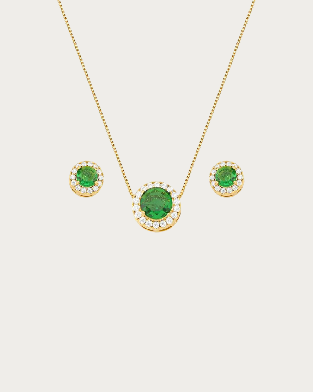 Conjunto Redondo Cravejado Verde Esmeralda | Banhado a Ouro.