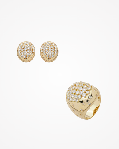 Conjunto de Brinco e Anel Cravejado de Zircônia Cristal Banho em Ouro 18k - SAYE Joias