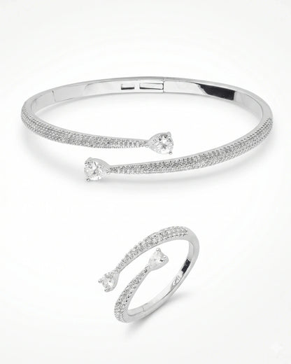 Conjunto Prateado Anel e Bracelete Cravejado em Zircônia | Banho em Ródio Branco - SAYE Joias