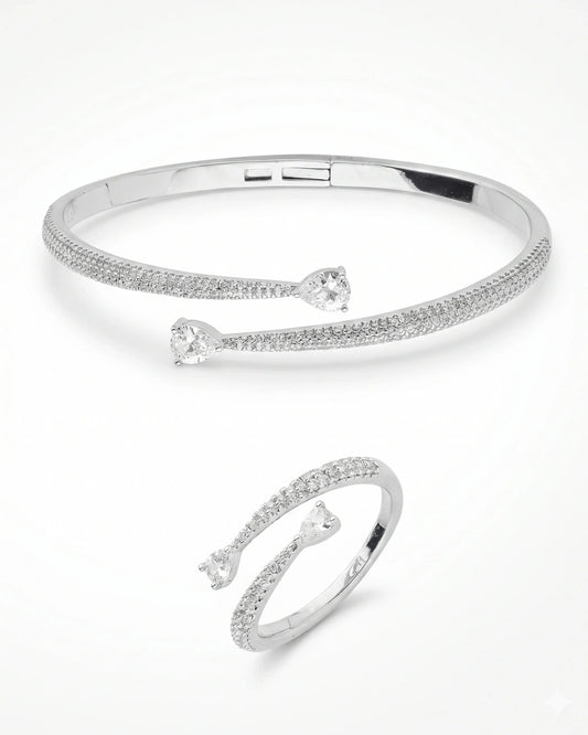Conjunto Prateado Anel e Bracelete Cravejado em Zircônia | Banho em Ródio Branco - SAYE Joias