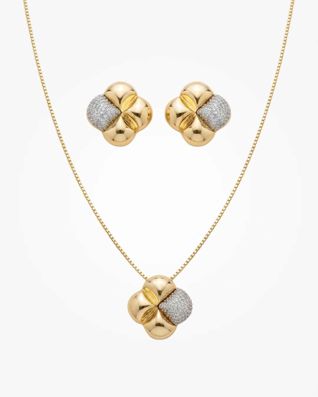 Conjunto Colar e Brinco Cravejado Zircônia Ouro 18k | Para Festas - SAYE Joias
